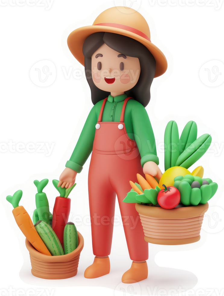 Smiling girl farmer carries a basket of colorful vegetables. png