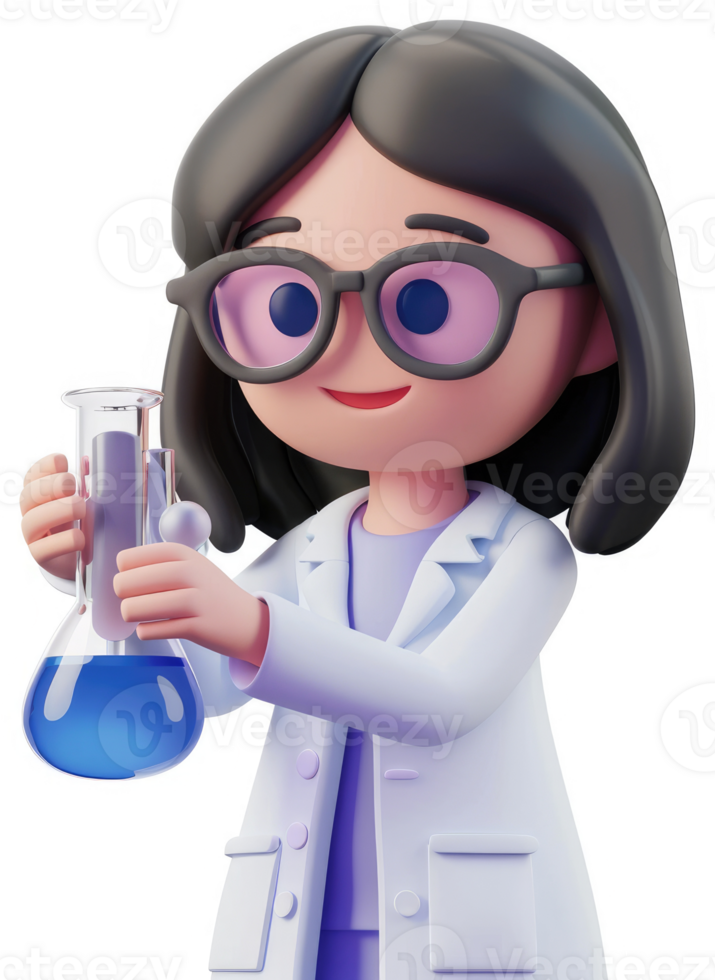 Cartoon scientist holds a beaker filled with blue liquid. png