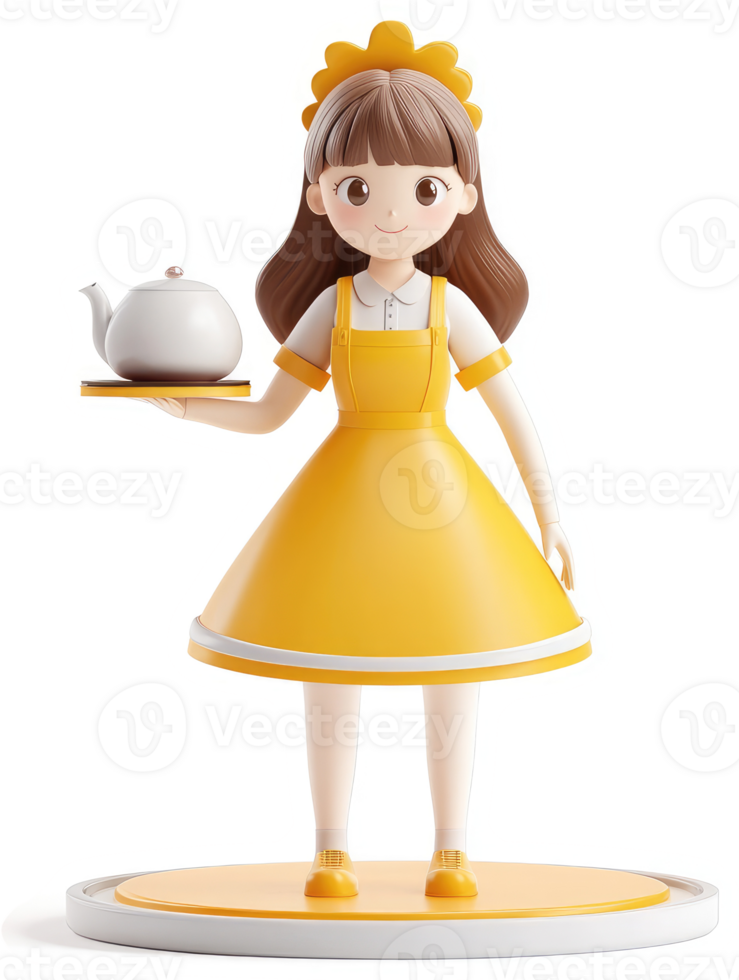 Smiling girl in yellow apron carrying a tea set. png