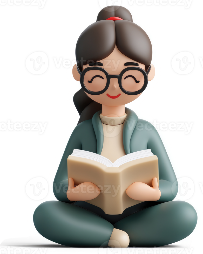 Smiling girl in glasses engrossed in reading a book. png