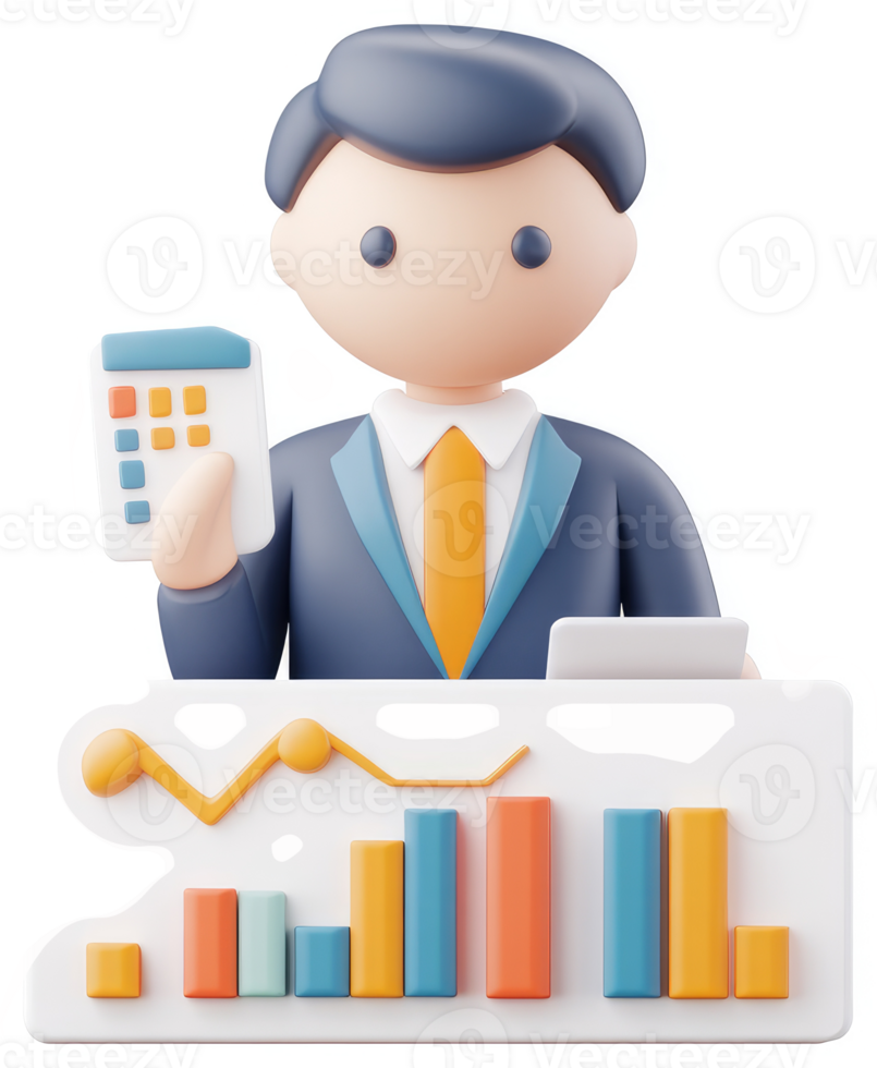 Cartoon businessman analyzes financial data. png