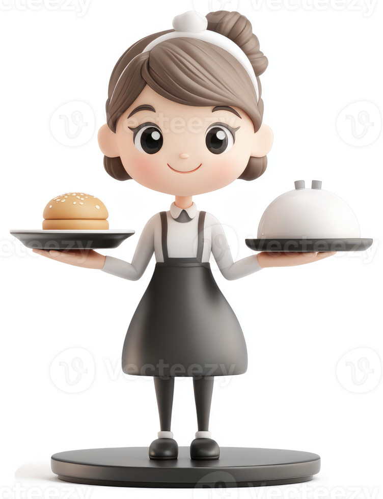 Cartoon waitress serving food on trays. png