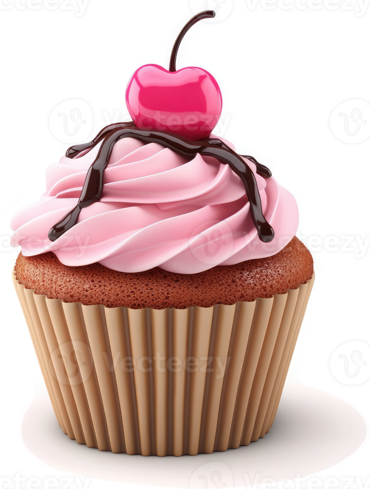 A delectable pink frosted cupcake with a maraschino cherry. png