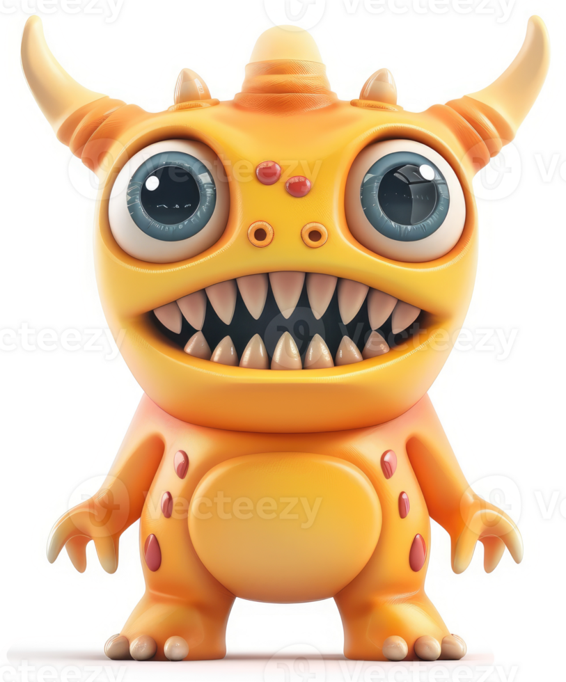 Smiling orange monster with large eyes and sharp teeth. png