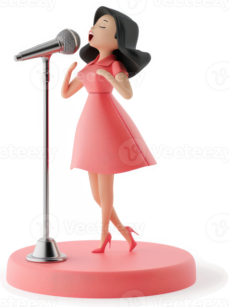 Animated female vocalist performing on a microphone stand. png