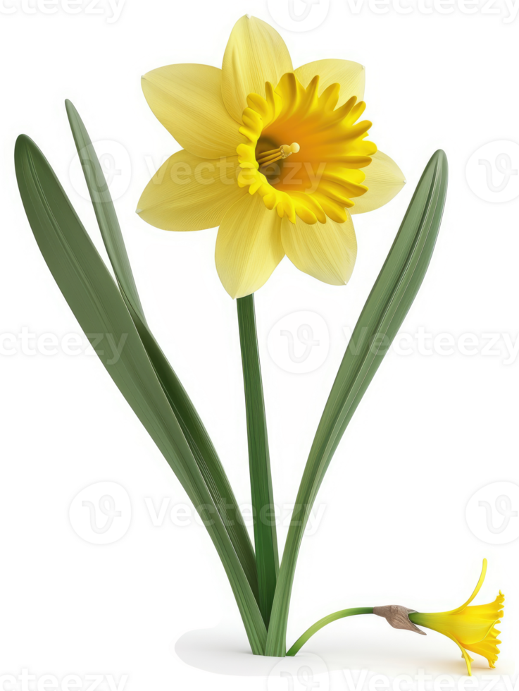 Vibrant yellow daffodil in full bloom, with emerging bud. png