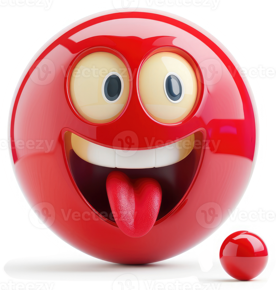 A vibrant, glossy, red emoticon with a wide grin and protruding tongue. png