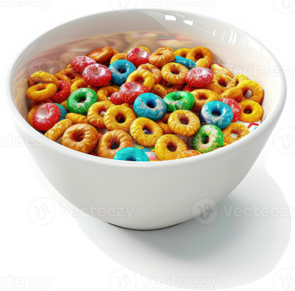 Colorful breakfast cereal in a white bowl. png