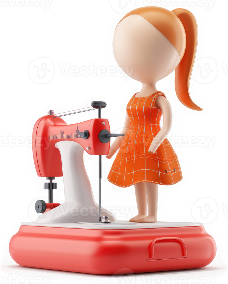 Smiling cartoon woman operates a vintage sewing machine. png
