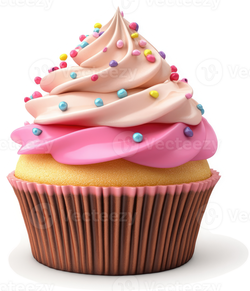 Sweet pink and beige cupcake with colorful sprinkles. png