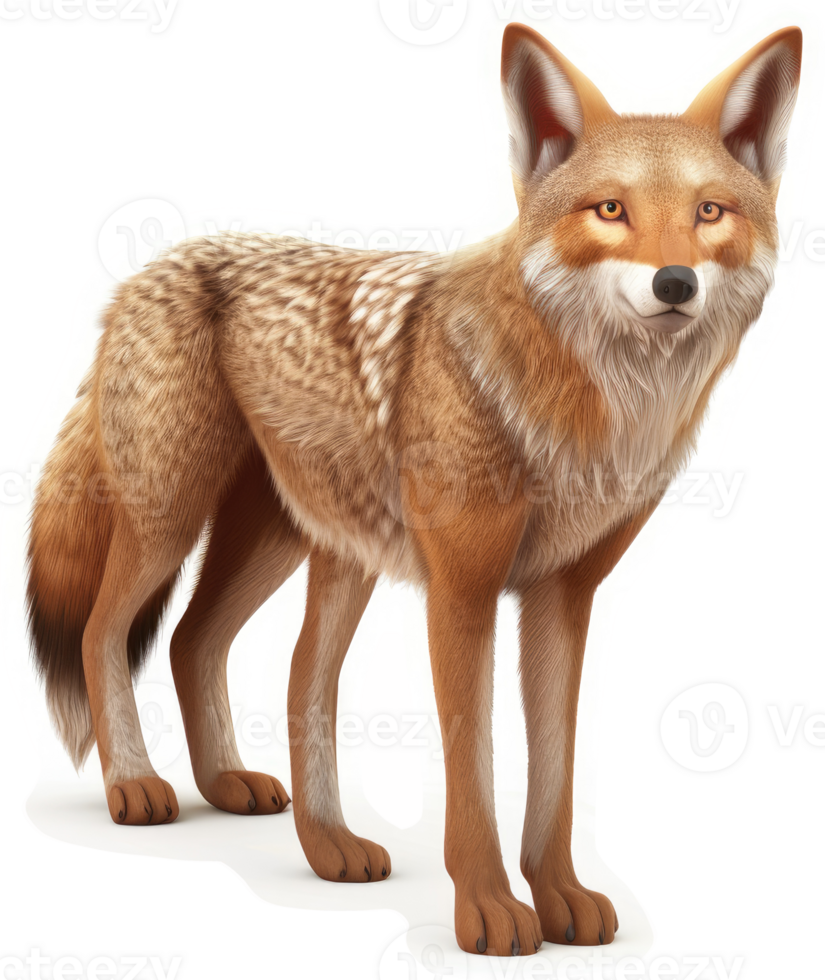 Coyote portrait against a stark white background. png