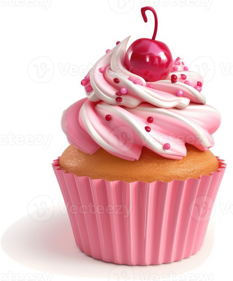 Delectable pink cupcake with white frosting and a cherry. png