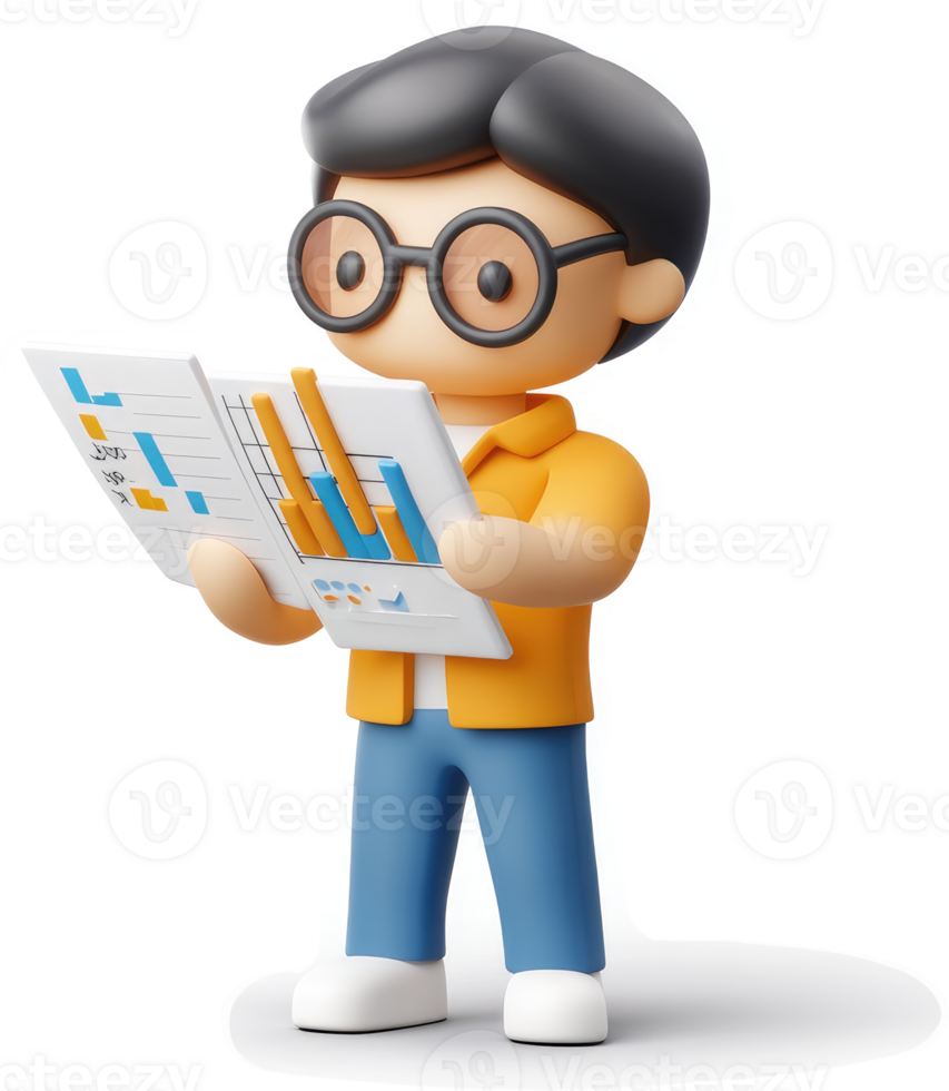 Cartoon character studying financial data. png