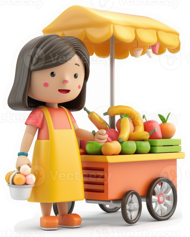 Smiling girl selling fresh fruits from a colorful cart. png