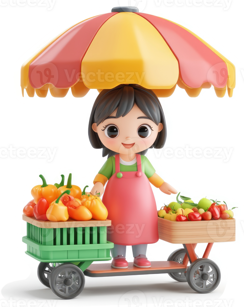 Smiling girl operates a colorful produce stand. png