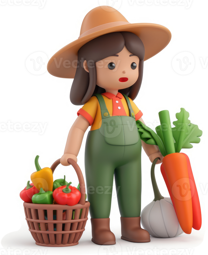 Cartoon girl farmer holds a basket of fresh vegetables. png