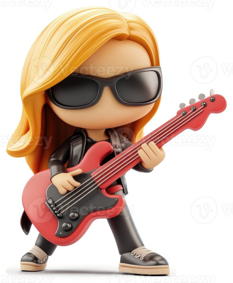 Cartoon girl with long blonde hair plays electric bass guitar. png