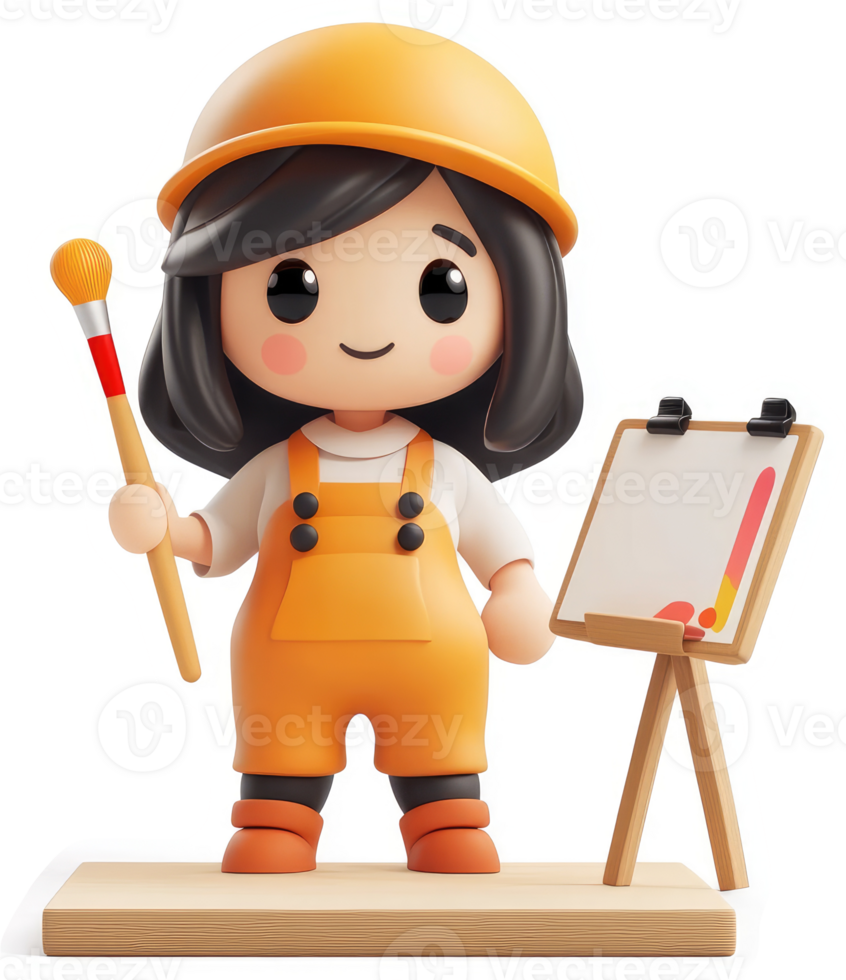 Smiling cartoon artist in orange overalls. png