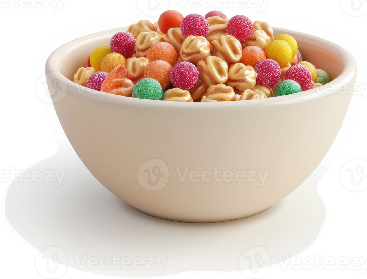 Colorful cereal mix in a beige bowl. png