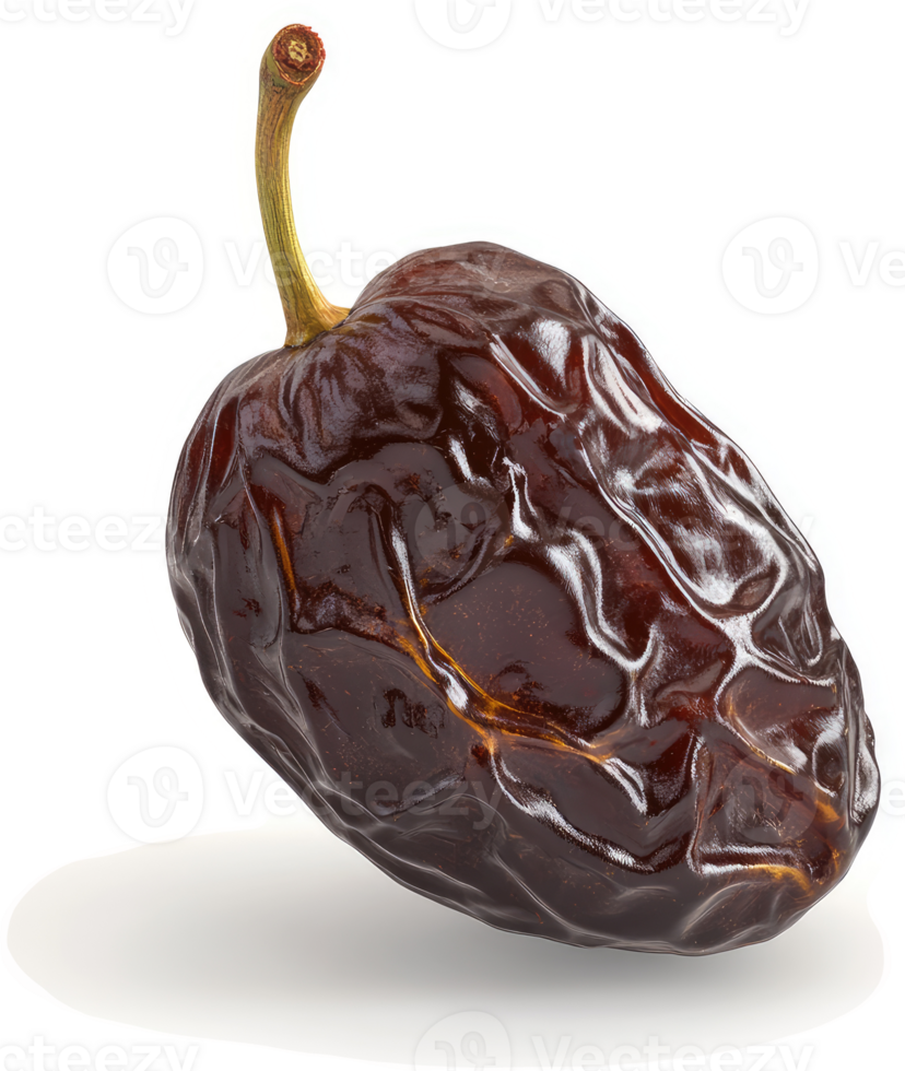 Single, dark brown, wrinkled date fruit, displaying stem. png