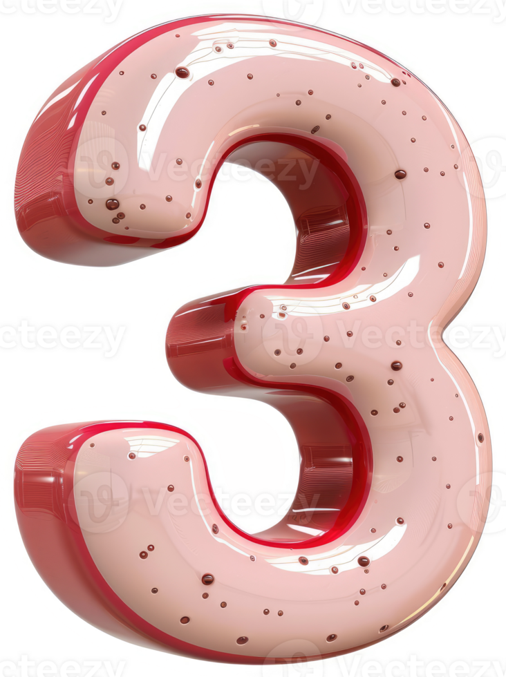A plump, glossy, pink and red number three. png