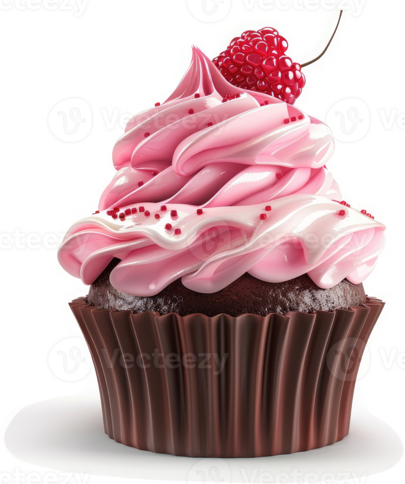 Exquisite pink-frosted cupcake with raspberry topping. png