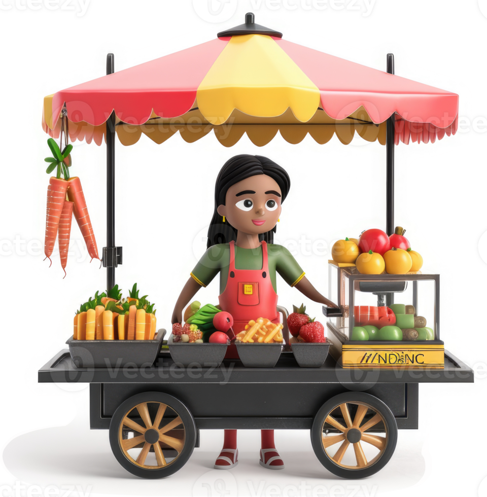 A young woman operates a vibrant street food cart. png