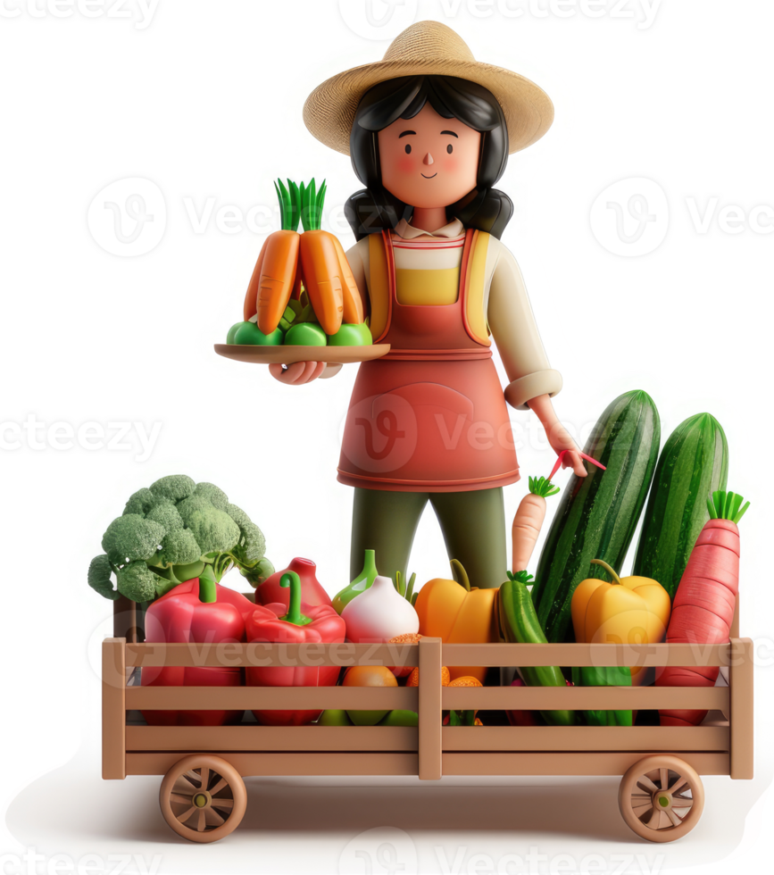 Smiling farmer girl displays a variety of fresh produce. png