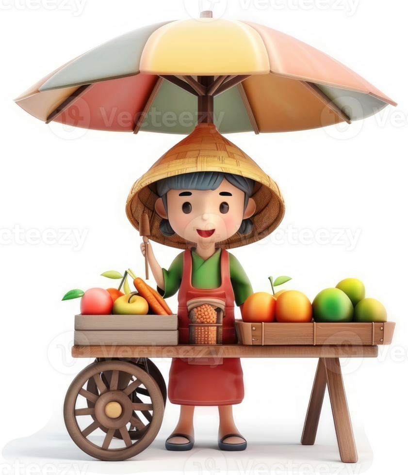 Smiling girl sells fruits from a cart under a colorful umbrella. png