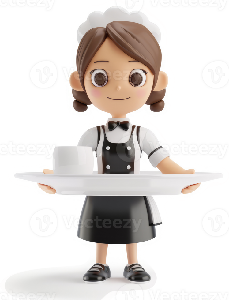 Smiling cartoon maid holding a tray with food. png