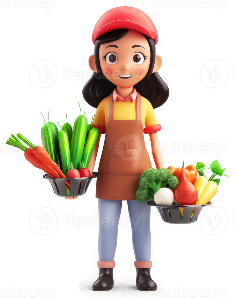 Smiling cartoon girl displays assorted fresh produce. png