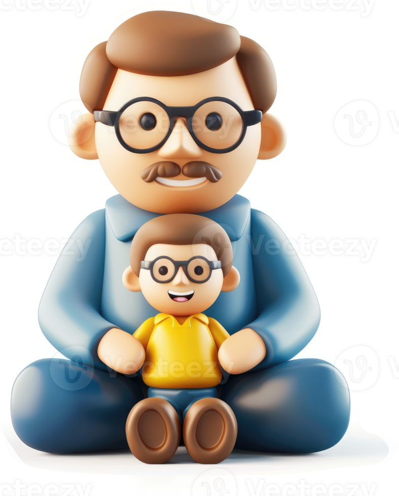 Smiling father and son sit together in a comforting pose. png
