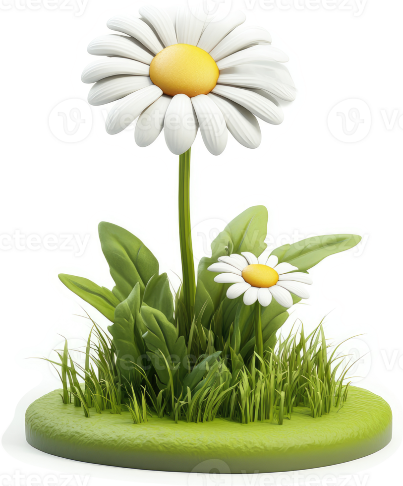 Two daisies stand tall in a grassy patch. png