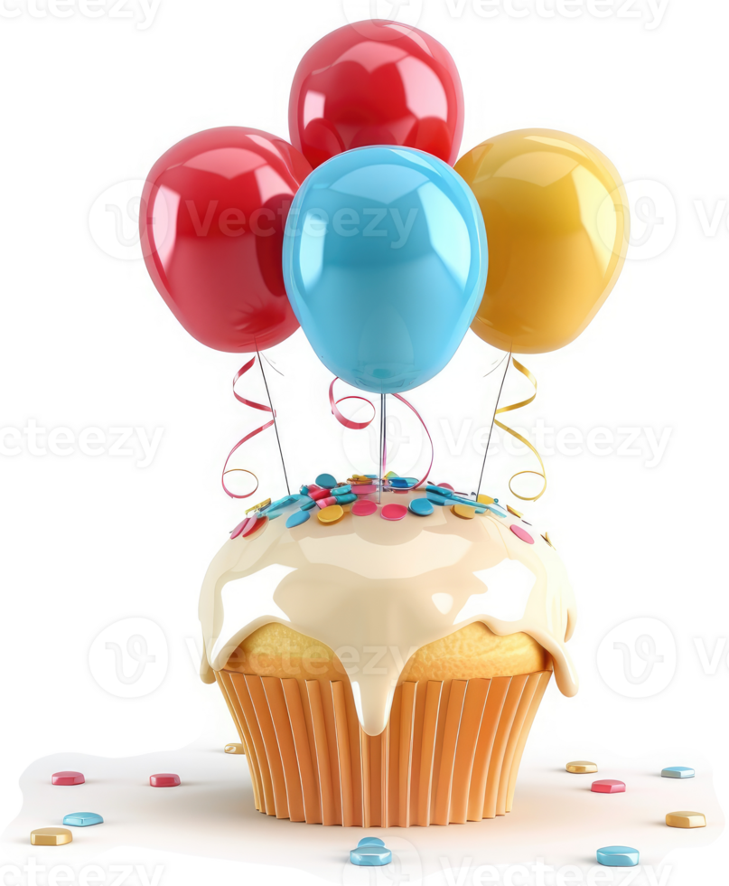 Festive cupcake with colorful balloons for a celebration. png