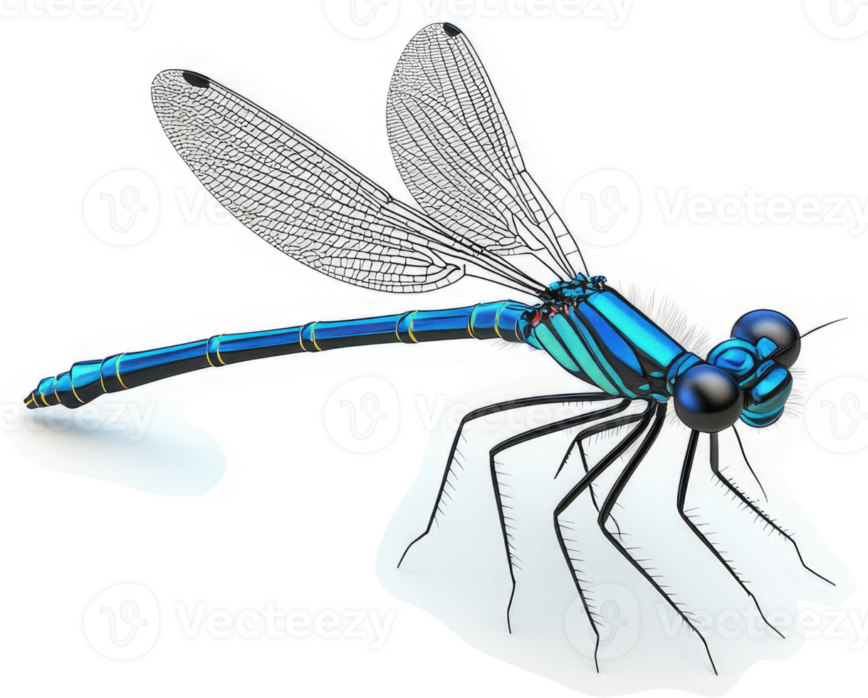 Vibrant blue dragonfly in profile view. png