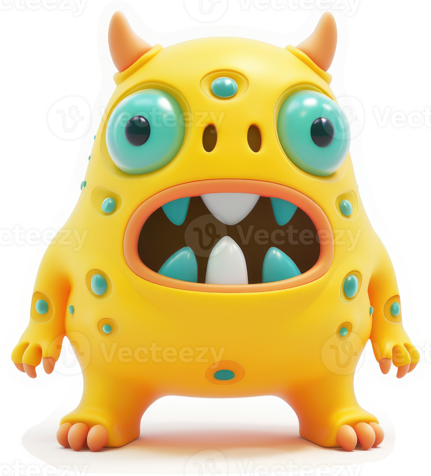 Cartoonish yellow monster with large eyes and teeth. png