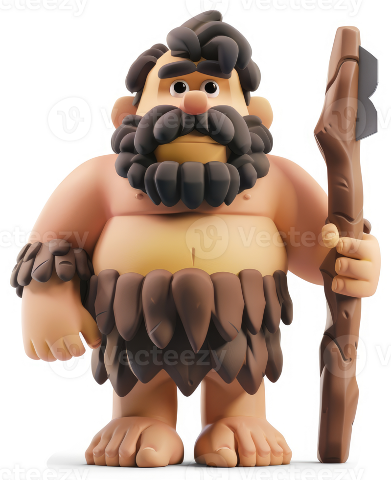 Cartoon prehistoric man character stands with a wooden staff. png