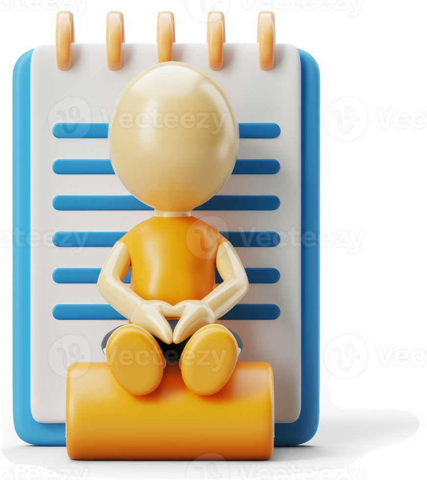Small figure seated on a notepad, contemplating ideas. png
