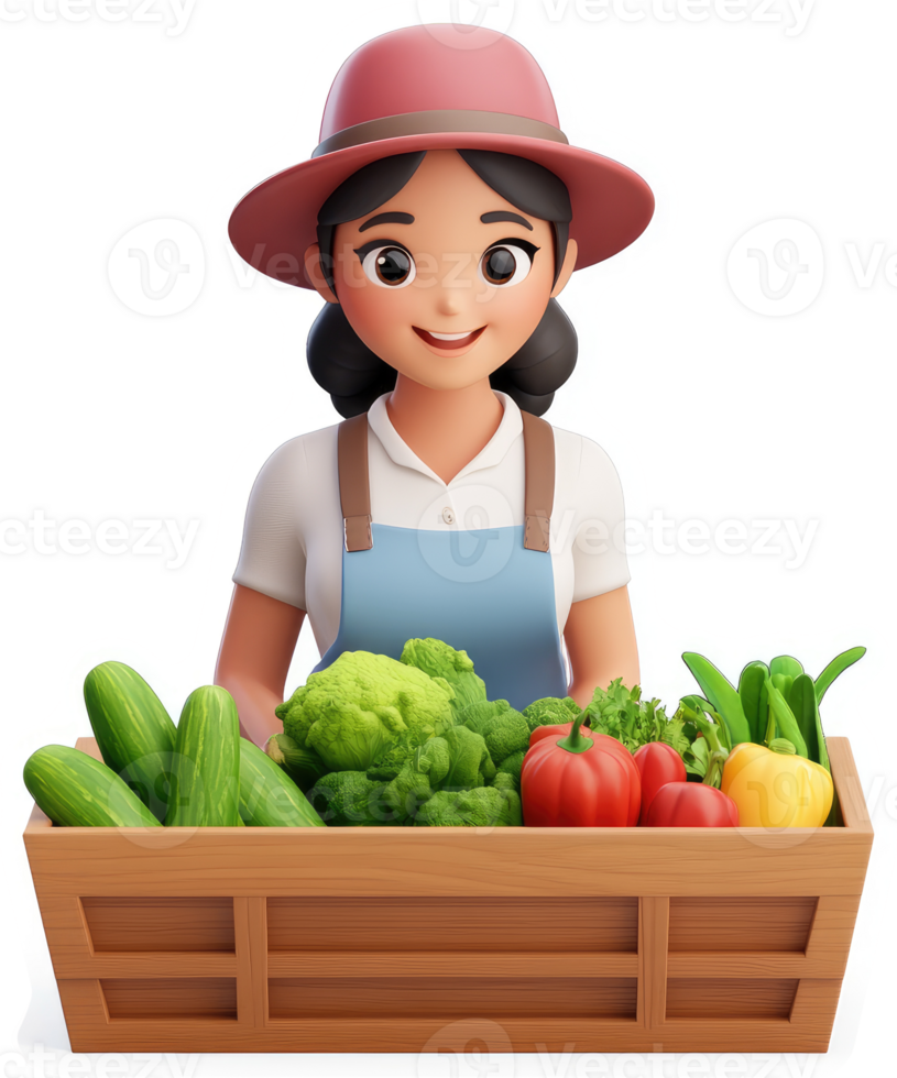 Animated female farmer displays a wooden crate full of fresh produce. png