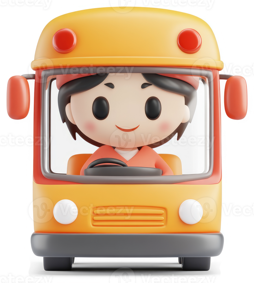Cute cartoon school bus driver in a bright yellow bus. png