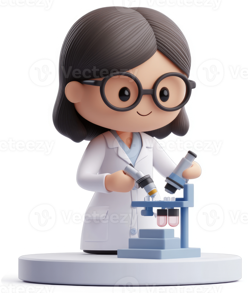 Cartoon female scientist meticulously working with laboratory equipment. png