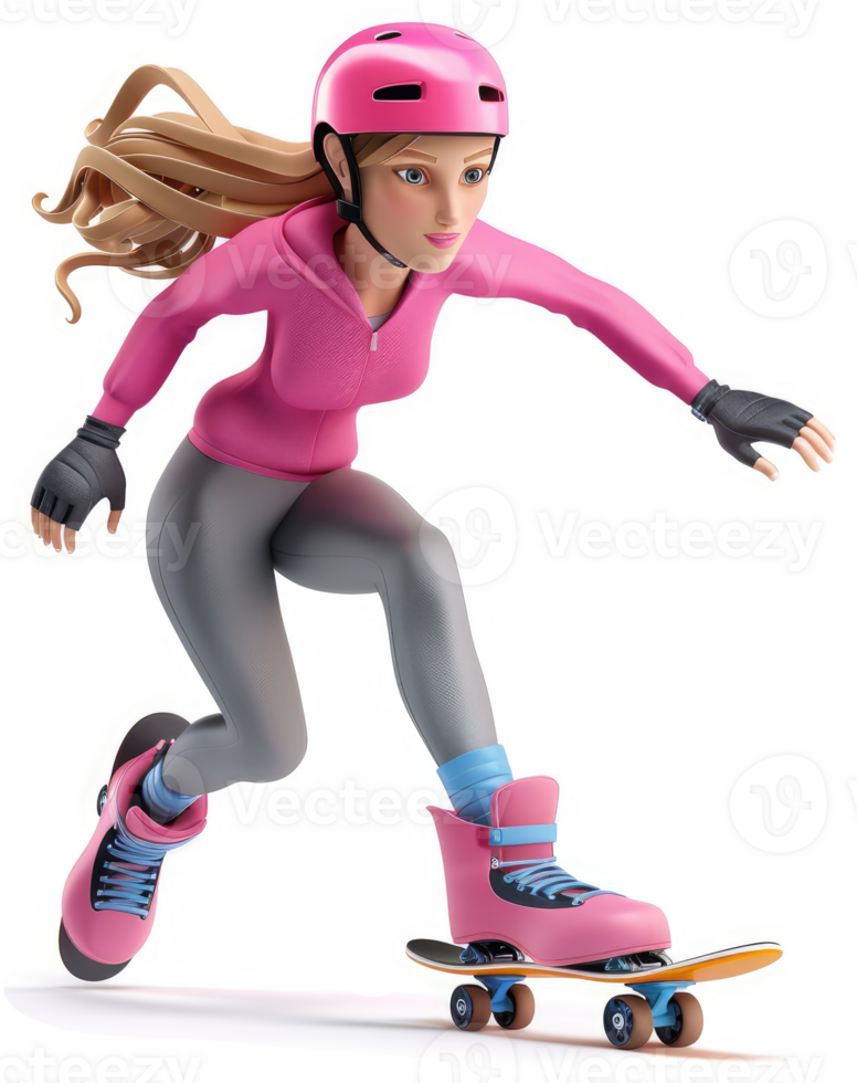 Energetic cartoon girl skateboarding in pink and gray attire. png