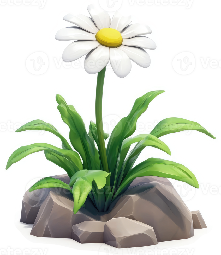 A vibrant, 3D illustration of a daisy plant. png