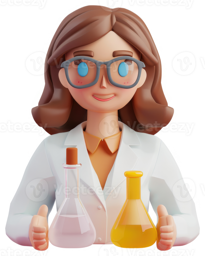 Smiling female scientist with thumbs up and beakers. png