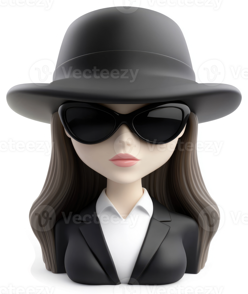 Stylish, mysterious bust of a woman in a black suit and hat. png