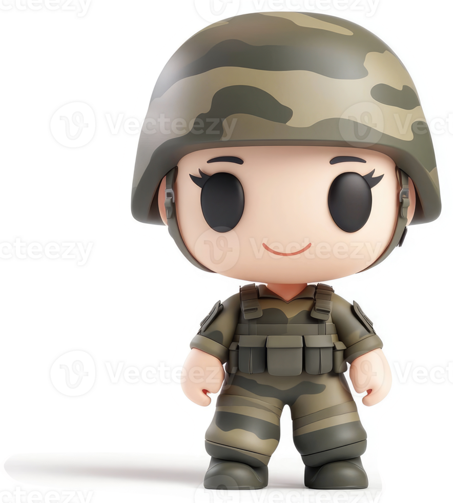 Cheerful cartoon soldier figurine in camouflage uniform. png