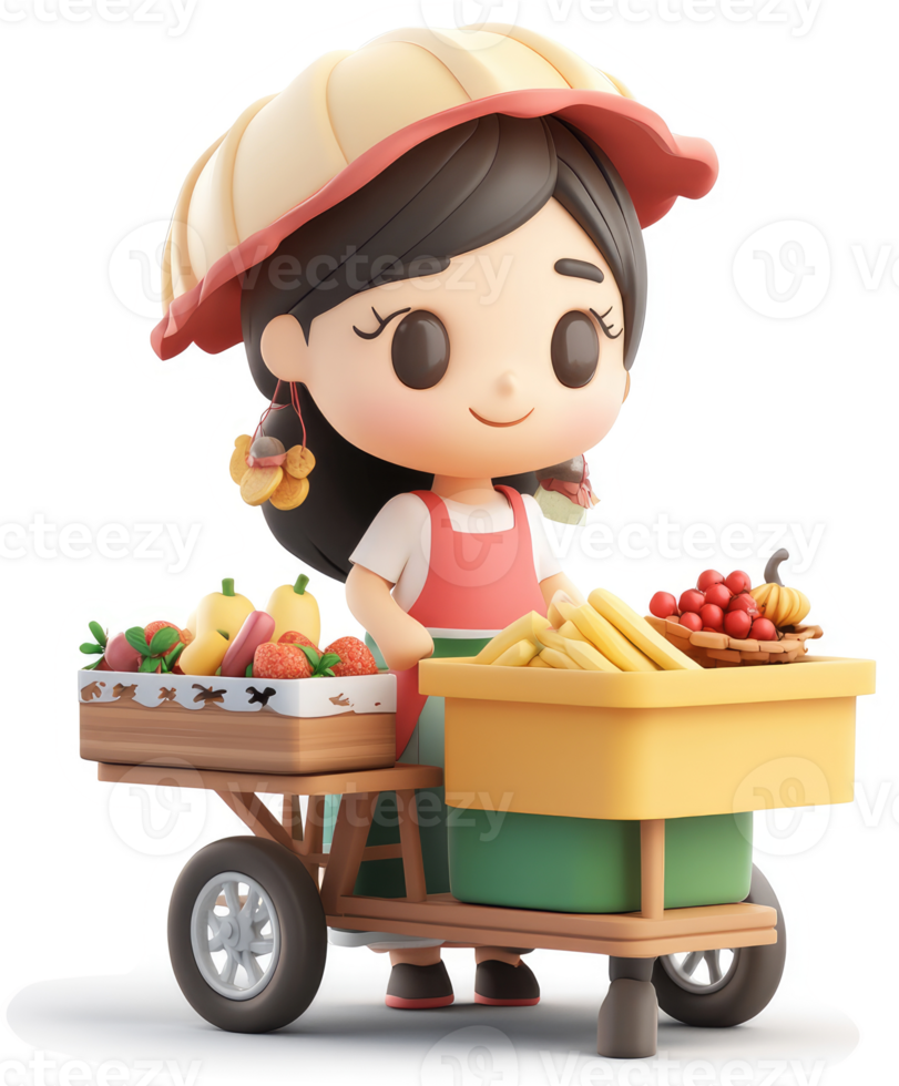 Smiling girl pushing a fruit cart laden with tropical produce. png