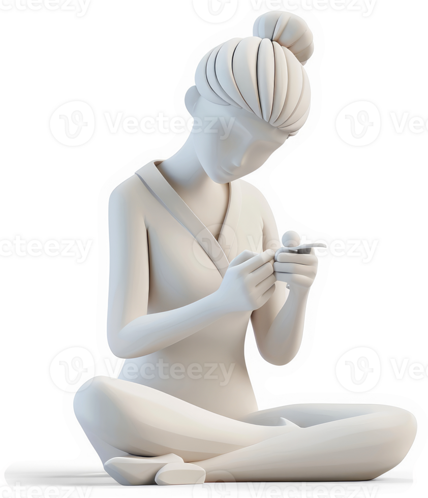 Elegant, seated figure meticulously crafts a small object. png