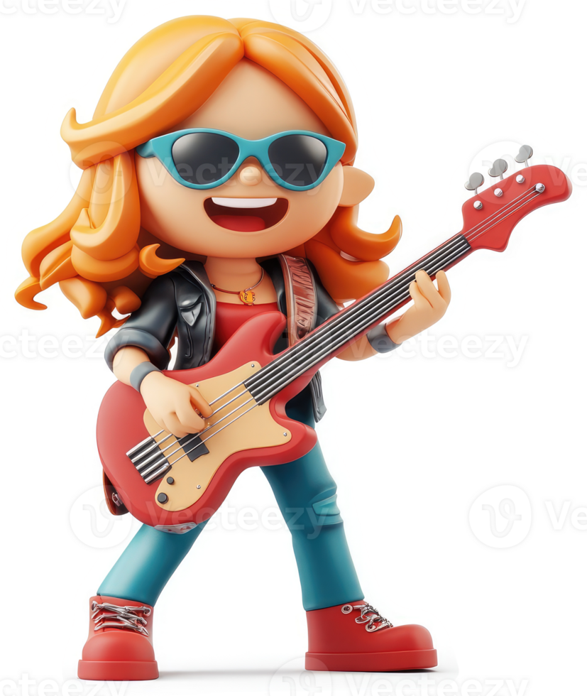 Smiling girl in leather jacket plays an electric bass guitar. png