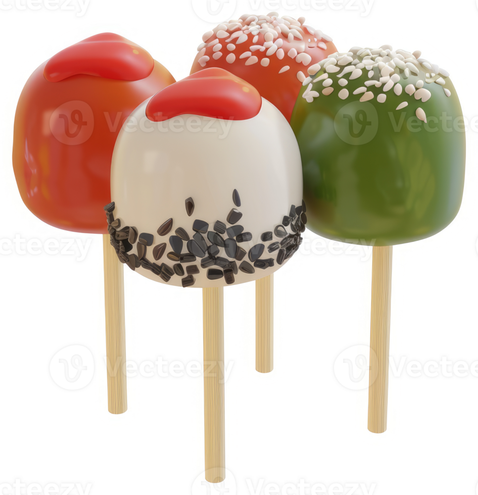 Assorted colorful, spherical dessert pops with toppings. png